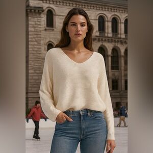 Ralph Lauren Women's Cream Ribbed Knit B Neck Sweater Dolman Sleeves XL